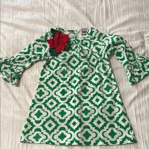 Green and White Kids Dress with Floral Accent